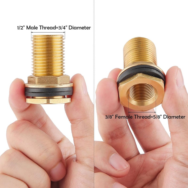 BILBAL 2 PCS Bulkhead Fitting, Solid Brass, 3/8" NPT Female-1/2" NPT Male Water Tank Connector for Rain Barrels, Aquariums, Water Tanks, 2 Rubber Rings Stablizing - Image 3